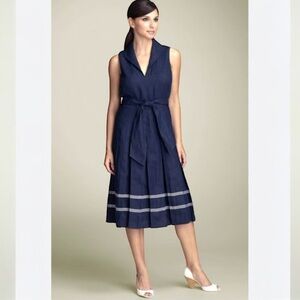 Jones New York Blue Linen Pleated Midi Dress Sleeveless Nautical Size 12P